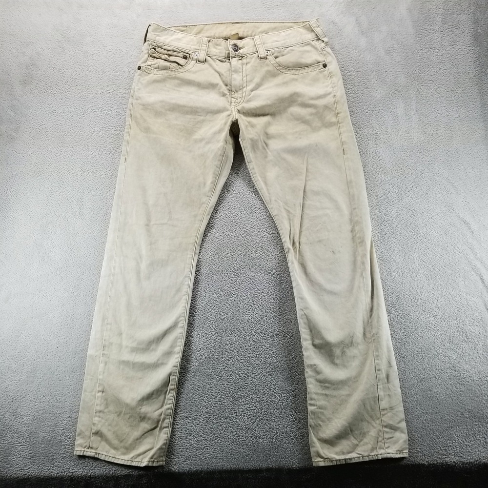 True Religion Jeans Mens 34x32 Tan Ricky‎ Straight Flap Pockets Denim